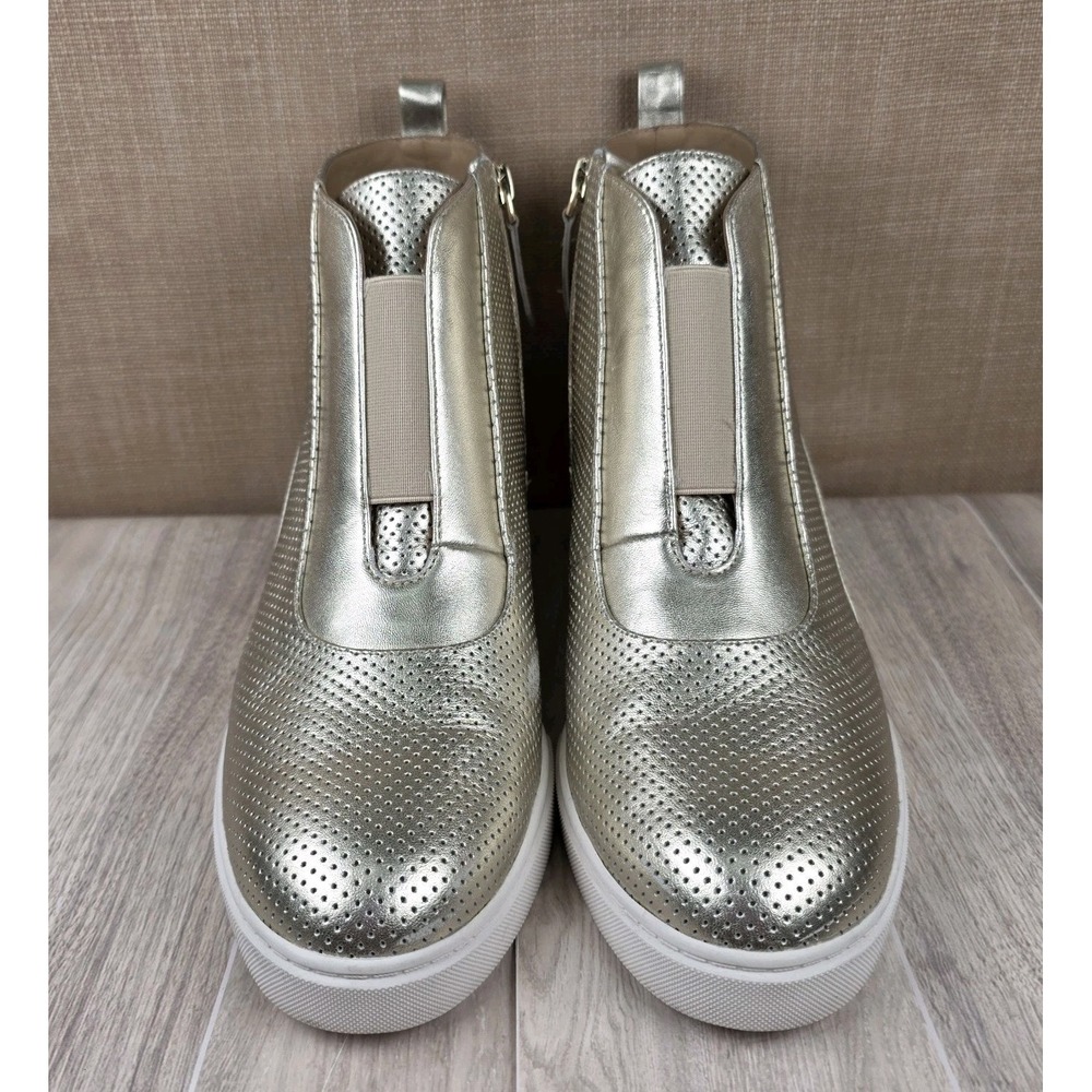 Linea Paolo Anna Wedge Gold Perforated Leather Zip Up Sneaker Bootie Womens 9M